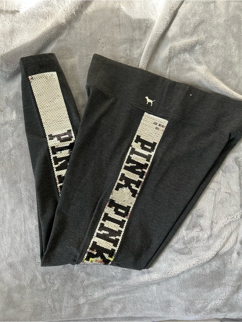PINK Victoria's Secret Black Leggings with Silver Sequin Logo Panels
